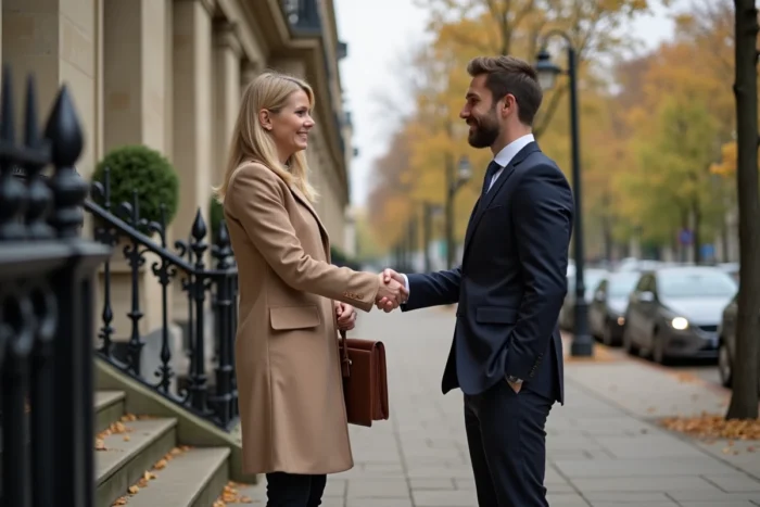 Femme en manteau beige signant un accord avec un agent immobilier devant un immeuble parisien