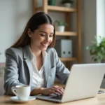 Femme consultant une agence immobilière en ligne depuis son bureau à domicile