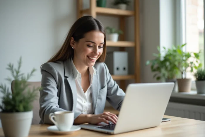 Femme consultant une agence immobilière en ligne depuis son bureau à domicile
