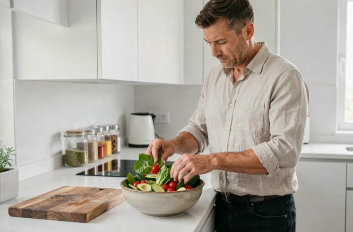 Homme préparant une salade de légumes frais dans une cuisine moderne pour adopter une alimentation saine au quotidien