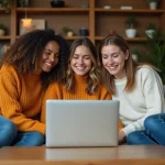 Trois amis en vidéo appel dans un salon chaleureux