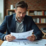 Homme en blazer marine analysant des documents immobiliers dans un bureau moderne avec murs en brique
