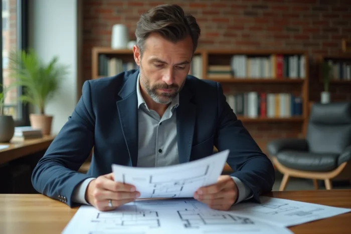 Homme en blazer marine analysant des documents immobiliers dans un bureau moderne avec murs en brique