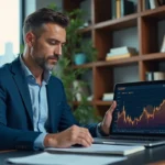 Analyste financier en costume bleu regardant un graphique Bitcoin 2040