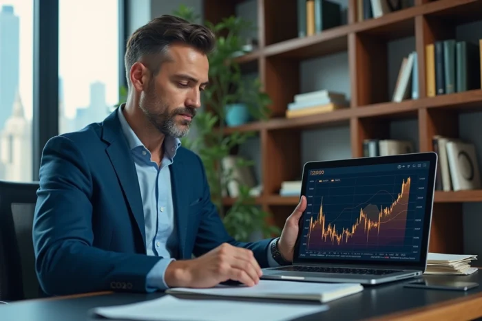 Analyste financier en costume bleu regardant un graphique Bitcoin 2040