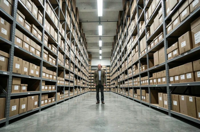 Homme debout dans une immense salle d'archives institutionnelle avec des rayonnages métalliques