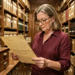 Archiviste femme consultant un document historique jauni dans une salle d'archives en bois