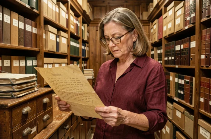 Archiviste femme consultant un document historique jauni dans une salle d'archives en bois