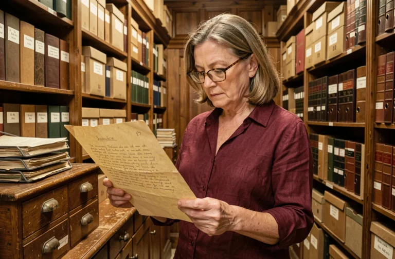 Archiviste femme consultant un document historique jauni dans une salle d'archives en bois