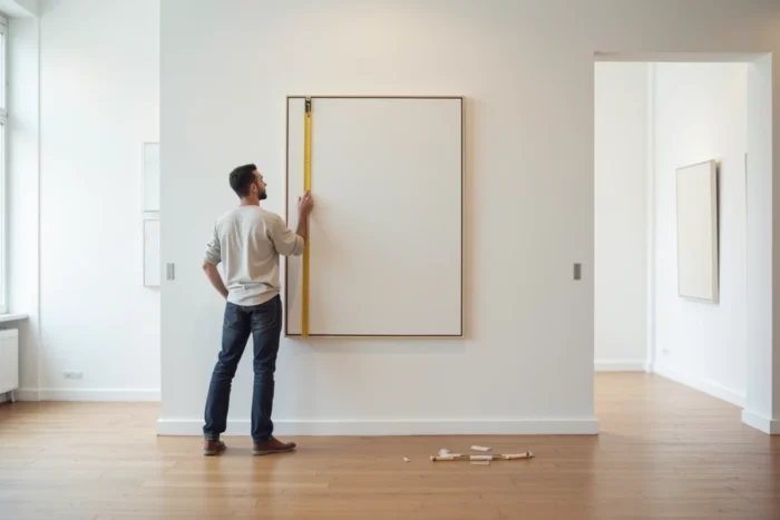 Artiste accrochant une peinture dans une galerie d'art lors des préparatifs d'exposition