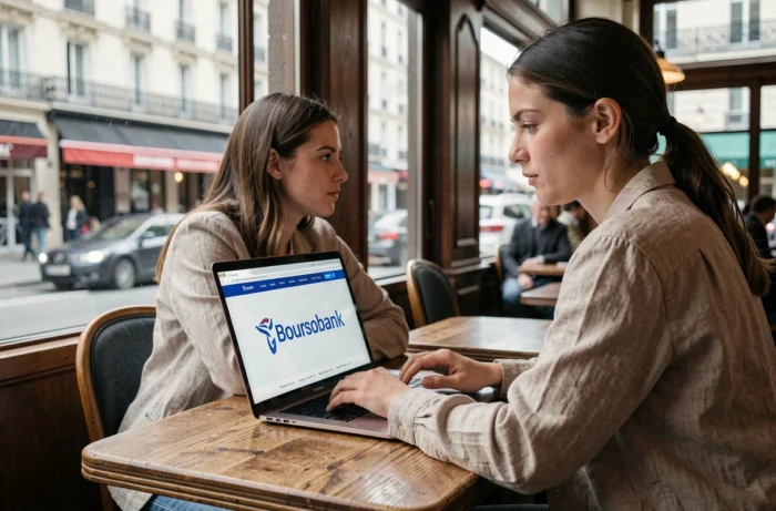 Jeune femme utilisant Boursobank dans un café parisien, évoquant l'histoire et l'essor de la banque en ligne française