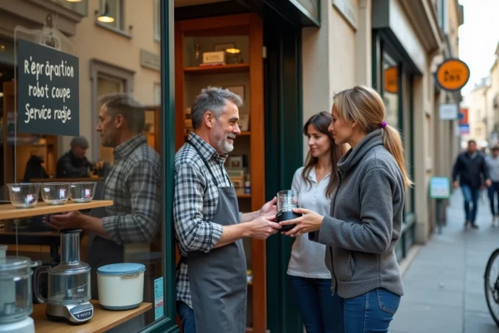 Devanture d'un magasin de réparation d'appareils électroménagers avec un client apportant un robot coupe pour réparation rapide