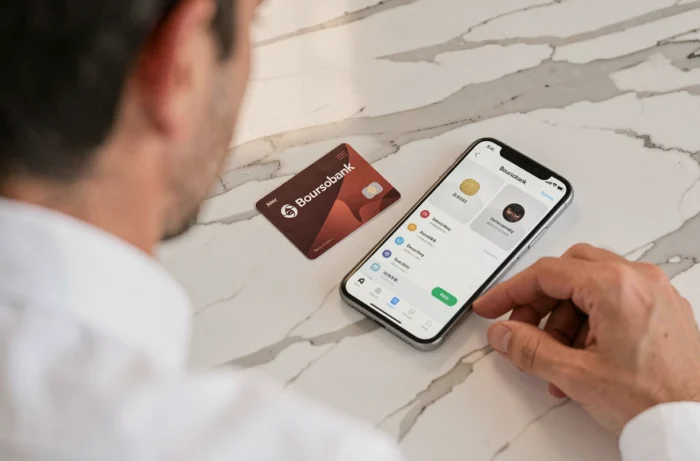 Carte Boursobank et application mobile posées sur marbre blanc, histoire et identité visuelle de la banque en ligne