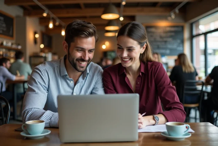 Deux collègues découvrant ensemble des actualités et bons plans du web dans un café urbain