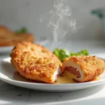 Cordon bleu croustillant cuit au micro-ondes avec fromage fondu visible sur assiette blanche