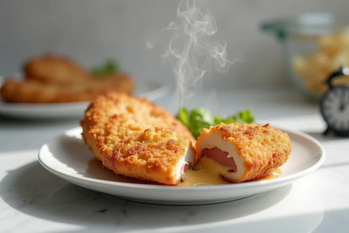 Cordon bleu croustillant cuit au micro-ondes avec fromage fondu visible sur assiette blanche