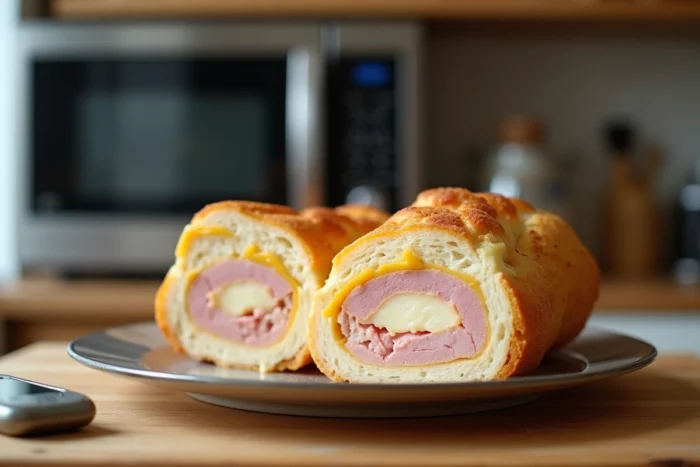 Cordon bleu tranché montrant le fromage fondu et le jambon après cuisson au micro-ondes