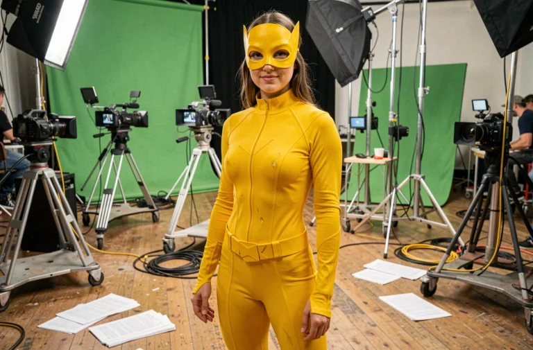 Actrice en costume de Fantômette sur le plateau de tournage de la série TV, entourée de matériel de production cinématographique