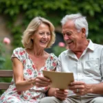 Couple de sexagénaires riant ensemble en lisant une carte humoristique pour leurs 40 ans de mariage dans un jardin fleuri