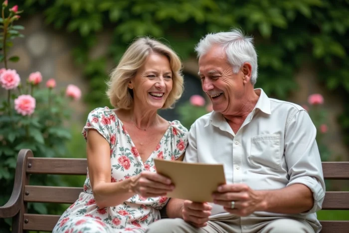 Couple de sexagénaires riant ensemble en lisant une carte humoristique pour leurs 40 ans de mariage dans un jardin fleuri