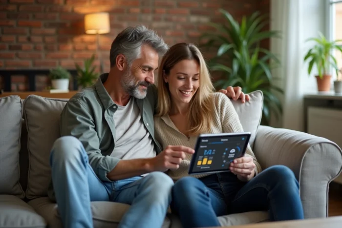 Couple consultant l'application domotique Maison Kayro sur tablette dans leur salon, avis consommateurs