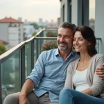 Homme et femme sur un balcon urbain en soirée