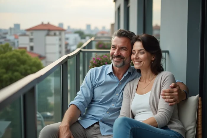 Homme et femme sur un balcon urbain en soirée