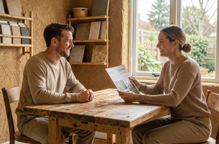 Couple en rendez-vous avec un conseiller spécialisé en construction écologique dans un bureau durable