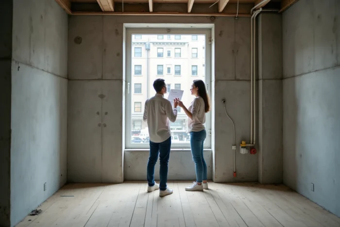 Couple visitant un appartement en rénovation tenant une annonce immobilière, vue grand angle