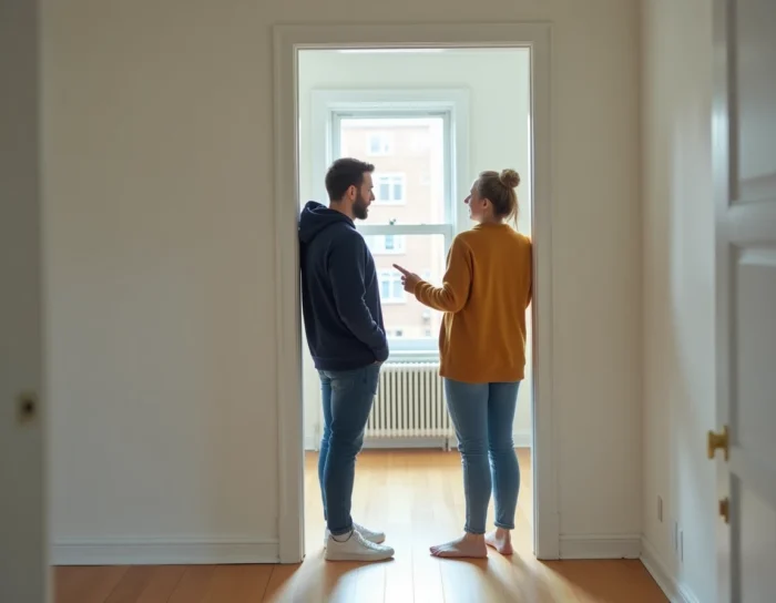 Couple visitant un appartement vide lors d'une visite locative, illustrant la recherche de logement via une plateforme comme LocService