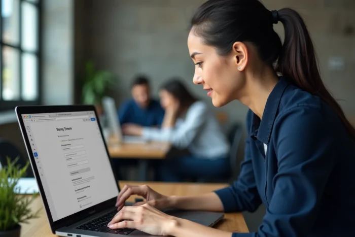 Femme développeuse web en espace de coworking désactivant le captcha dans un panneau d'administration de site internet