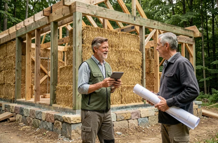 Homme discutant avec un architecte spécialisé devant une maison passive en construction
