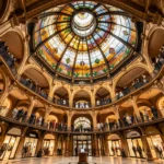 Vue intérieure du dôme Art Nouveau des Galeries Lafayette Haussmann avec ses vitraux colorés et ses balcons en fer forgé