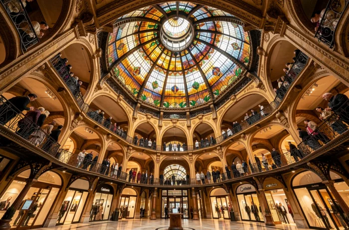 Vue intérieure du dôme Art Nouveau des Galeries Lafayette Haussmann avec ses vitraux colorés et ses balcons en fer forgé