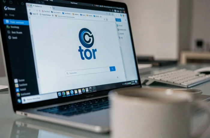 Écran d'ordinateur affichant le navigateur Tor avec l'interface de navigation anonyme sur le dark web