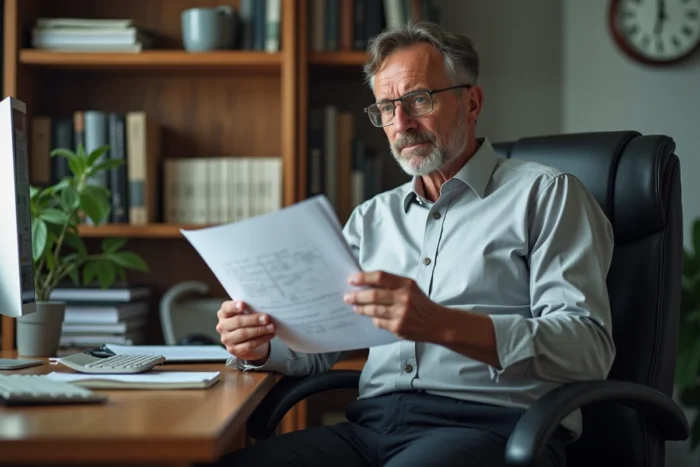 Employé de bureau masculin distrait à son bureau, illustrant la tension entre travail et pause physiologique