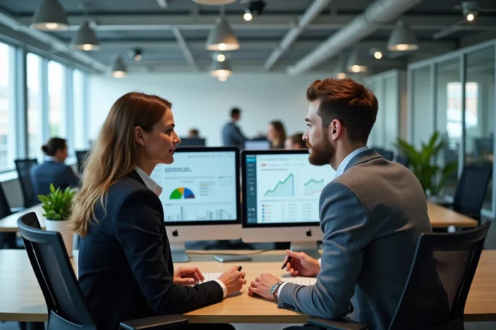 Équipe d'une agence immobilière en ligne analysant des données et services digitaux
