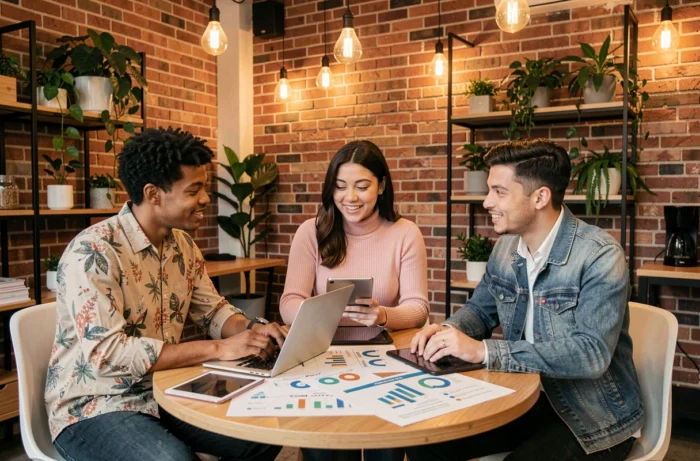 Équipe de jeunes professionnels collaborant sur des tendances de communication digitale autour d'une table dans un espace de travail moderne