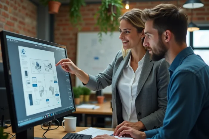 Deux professionnels collaborant sur la conception d'un site web devant un écran dans un bureau moderne, symbolisant les stratégies de succès en ligne