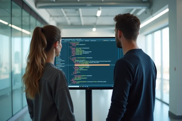 Deux ingénieurs informatiques collaborant devant un écran de code pour configurer et désactiver le captcha sur un site web