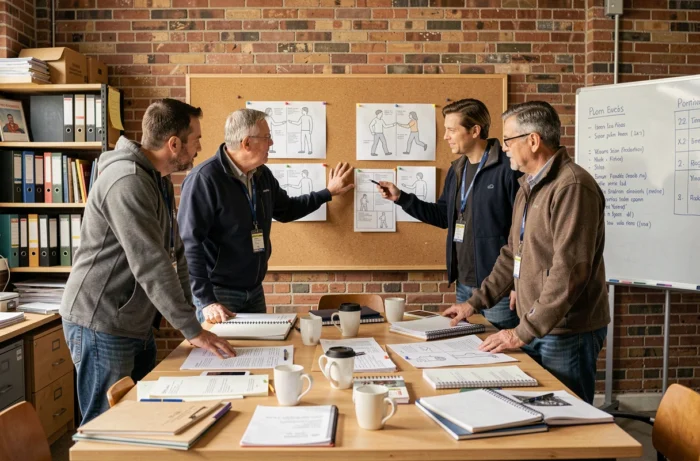 Équipe de production de la série Fantômette en réunion créative autour du storyboard dans les bureaux de production