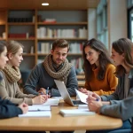 Groupe d'étudiants à Nanterre en discussion dans une salle moderne