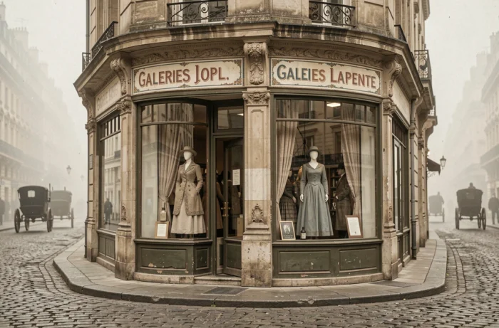 Reconstitution historique de la façade originelle des Galeries Lafayette au début du XXe siècle dans le style Belle Époque