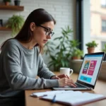 Femme parcourant des actualités et bons plans sur un ordinateur portable dans un bureau à domicile moderne