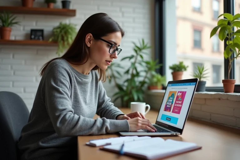 Femme parcourant des actualités et bons plans sur un ordinateur portable dans un bureau à domicile moderne