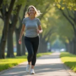 Femme sportive marchant dans un parc urbain verdoyant