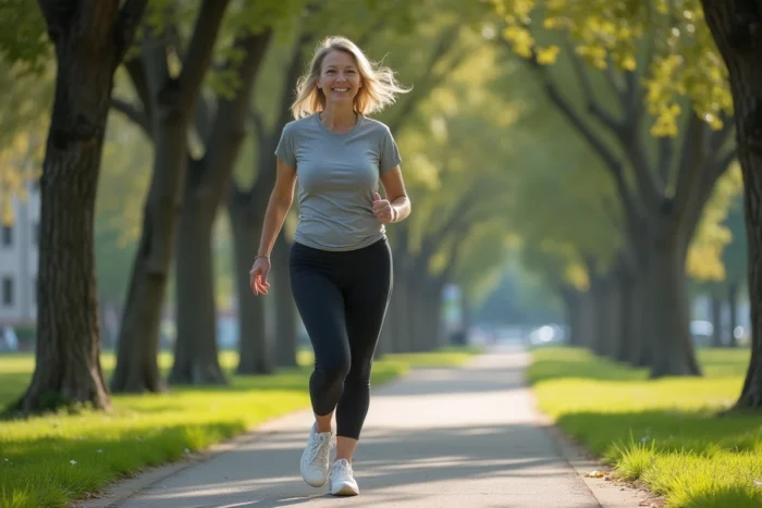 Femme sportive marchant dans un parc urbain verdoyant