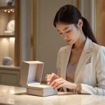 Femme élégante examinant une boîte à bijoux dans une boutique raffinée
