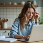 Jeune femme travaillant sur son ordinateur dans la cuisine