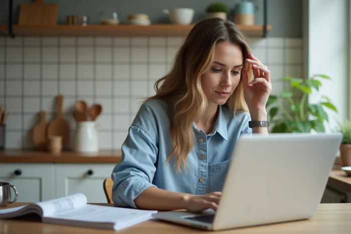 Jeune femme travaillant sur son ordinateur dans la cuisine